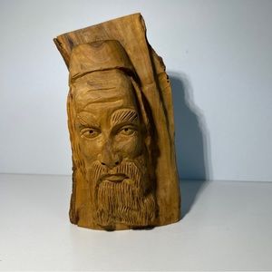 Old man spirit face wood carved sculpture figurine Shelf decor hanging art